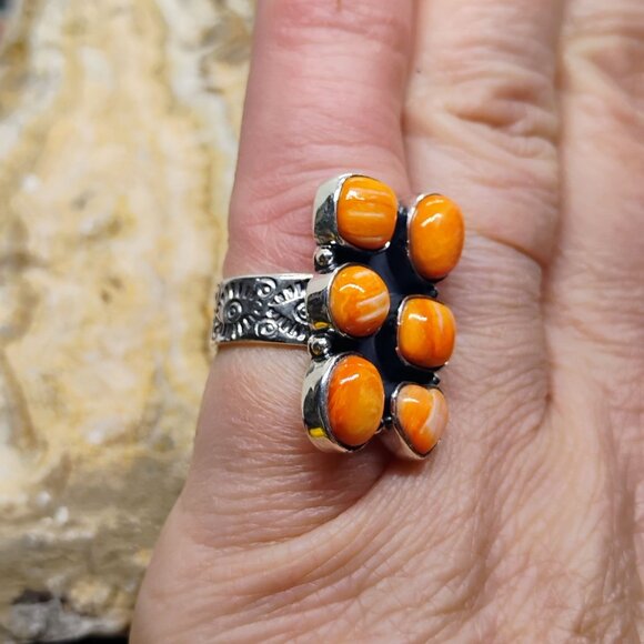 Southwest Sterling Silver Orange Spiny Oyster Shell Cluster Ring Size 6 Handmade - Picture 5 of 9
